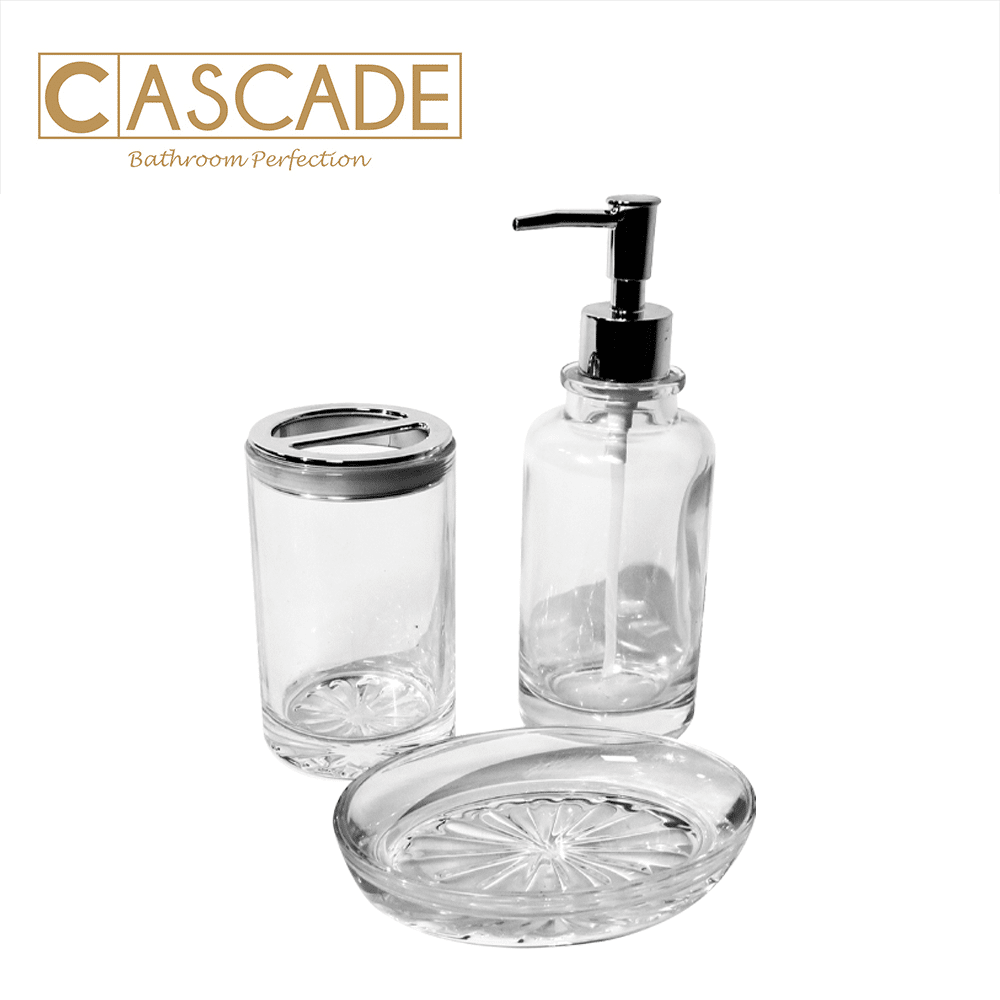 CASCADE 3 PIECE CLASSIC GLASS BATHROOM ACCESSORIES