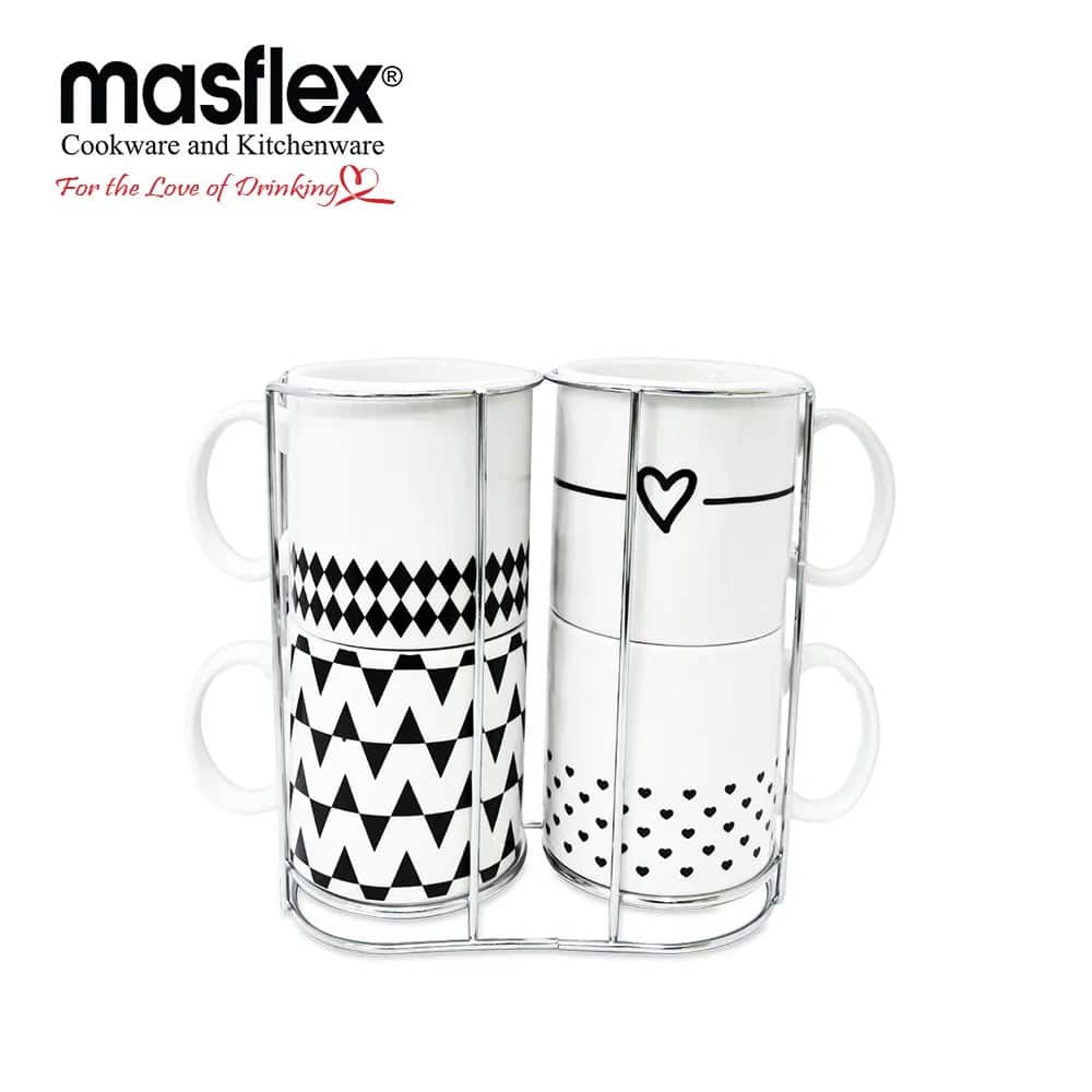 Masflex 350 ml / 12 oz 4 Piece Aztec Newbone Mugs with Rack